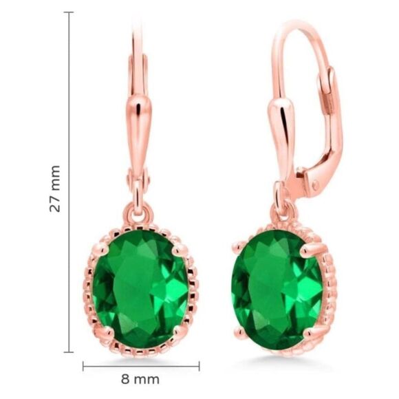 18K Rose Gold 925 with 3.00 Cttw Emerald Oval Leverback Hook Earrings